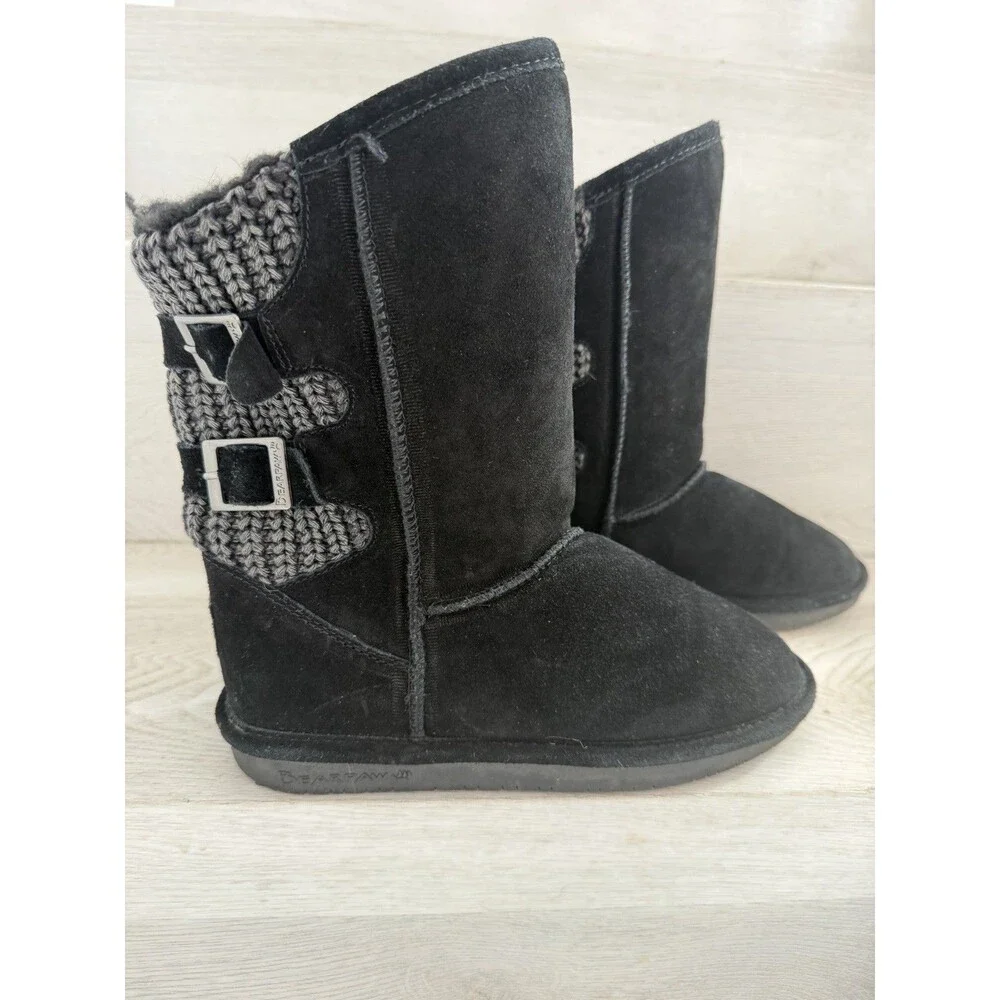 Bearpaw Boshie Black Suede Knit Sheepskin Wool Buckle Boots Youth Size 5